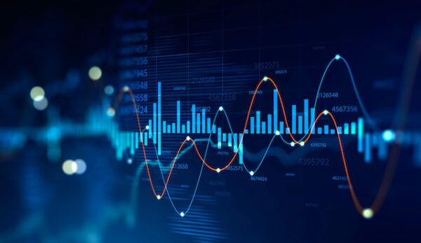 Futuristic HUD digital graph interface over blurry dark blue background. Concept of stock market and trading. 3d rendering double exposure